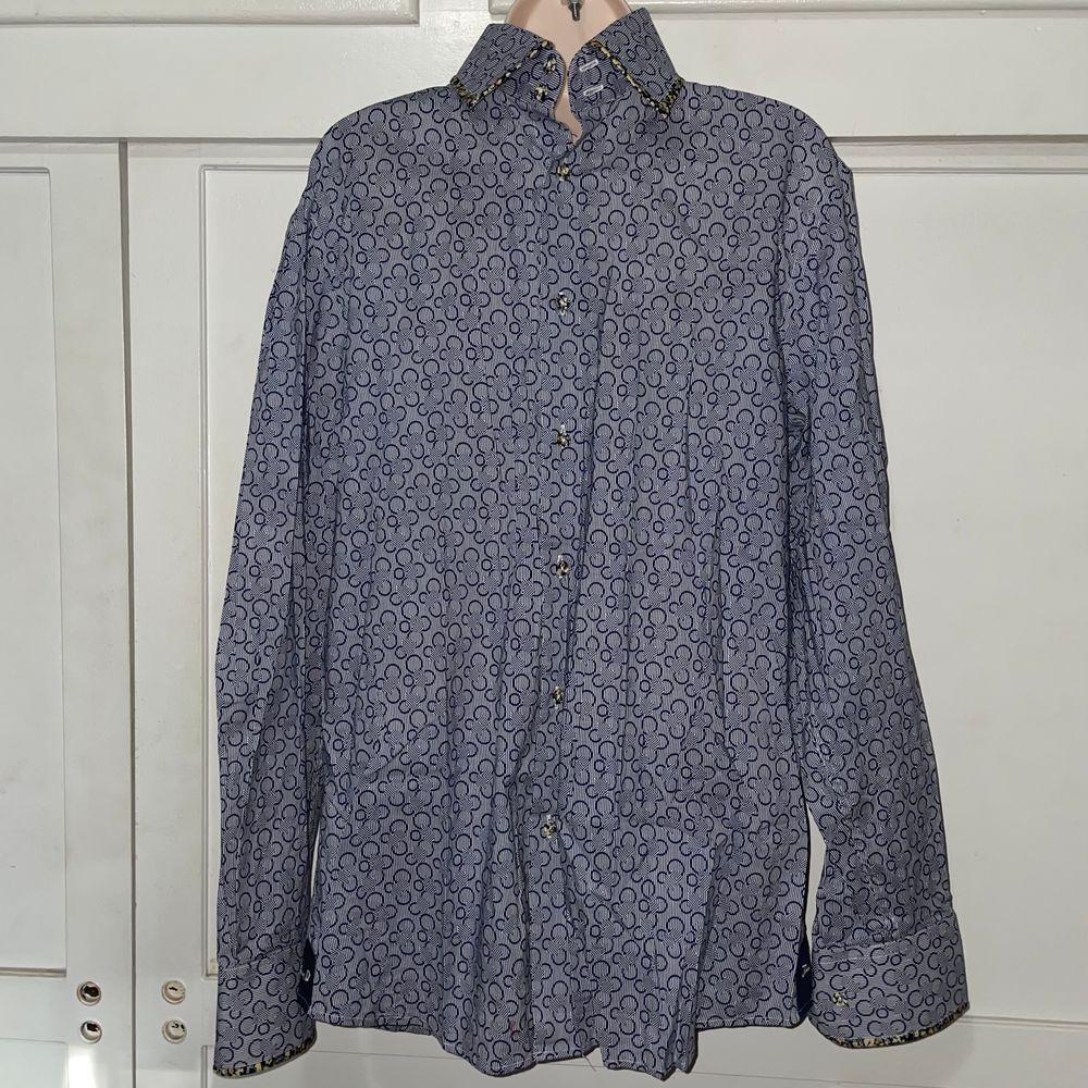 Johnny D‎ Button-up large white navy Shirt flip cuff Floral Pattern Long Sleeve